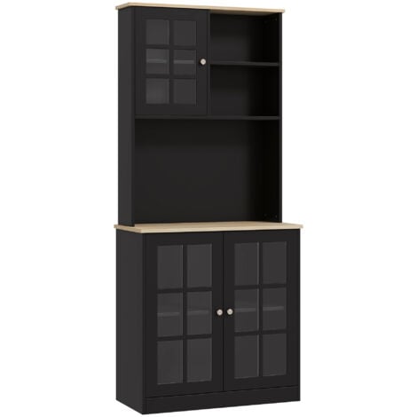 HOMCOM Armoire de cuisine multi-rangements 3 portes vitrine verre avec étagère 2 niches grand plateau MDF noir chêne