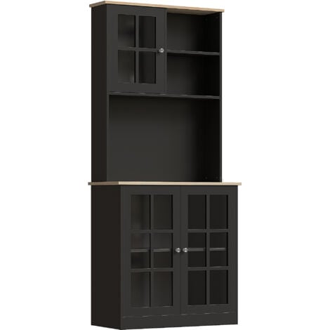HOMCOM Armoire de cuisine multi-rangements 3 portes vitrine verre avec étagère 2 niches grand plateau MDF noir chêne
