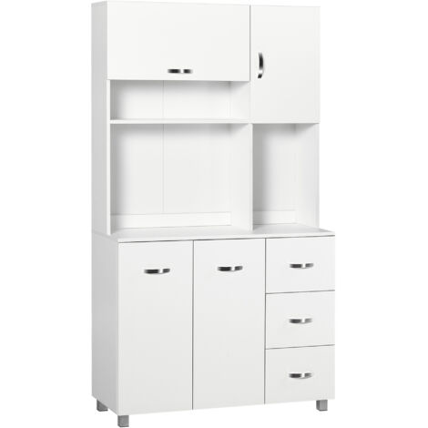 Armoire de cuisine multi-rangements 4 portes 3 tiroirs étagère + grand plateau 100L x 39.5l x 183.5H cm blanc
