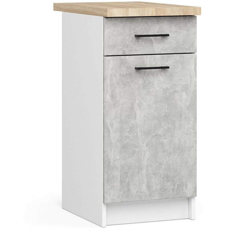 Armoires de cuisine basse Akord S40 oliwia Blanc 40 cm 1 porte 1 tiroir façade Béton 2 étagères 40x46x85 cm