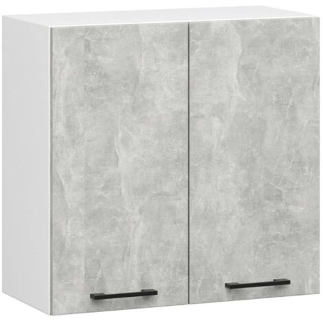 Armoire de cuisine suspendue : 2 portes, 2 étagères, blanc  béton, largeur : 60 cm, hauteur : 58 cm, profondeur : 30 cm.