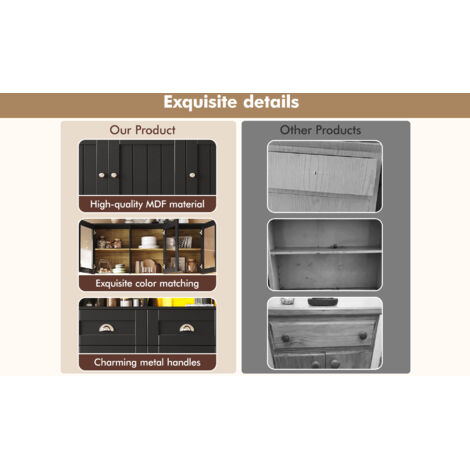 Armoire de cuisine (taille : 140×40×175 cm). Grande armoire à caisse pour la cuisine. Armoire vitrine. Armoire à buffets avec des étagères réglables. Meuble de rangement avec lumière LED