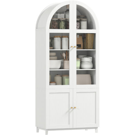 Armoire de cuisine, vaisselier vitrine avec 4 portes dont 2 en acrylique et étagères réglables, 78 x 40 x 180 cm, blanc