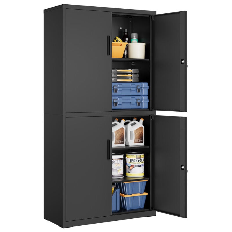 Armoire de Garage à 5 Étagères avec 4 Portes, Armoire de Bureau, 40 x 80 x 180 cm, 2 Serrures, Étagères Réglables, en Métal, Noir