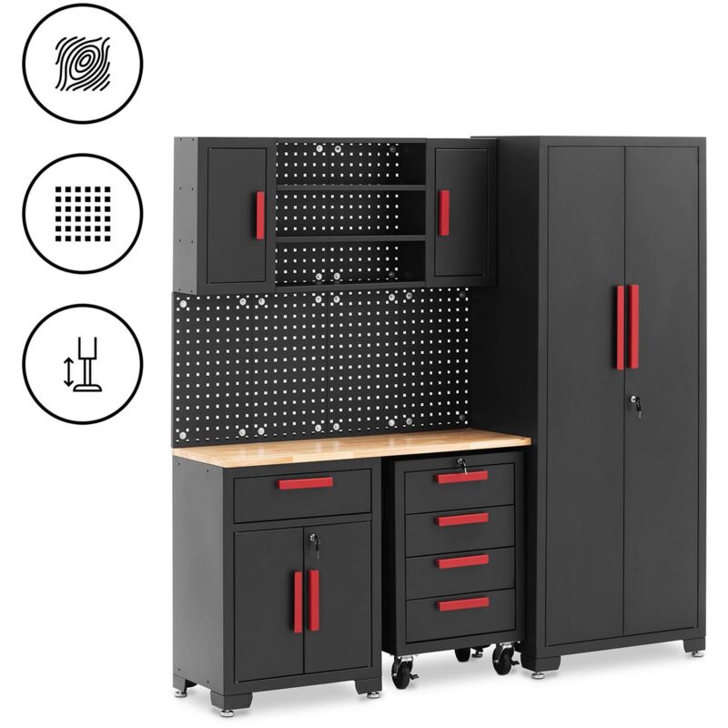 MSW - Armoire de garage - modulable - plan de travail de 132 x 42,7 x 2,5 cm - paroi perforée - chariot à roulettes - verrouillable Rangement atelier