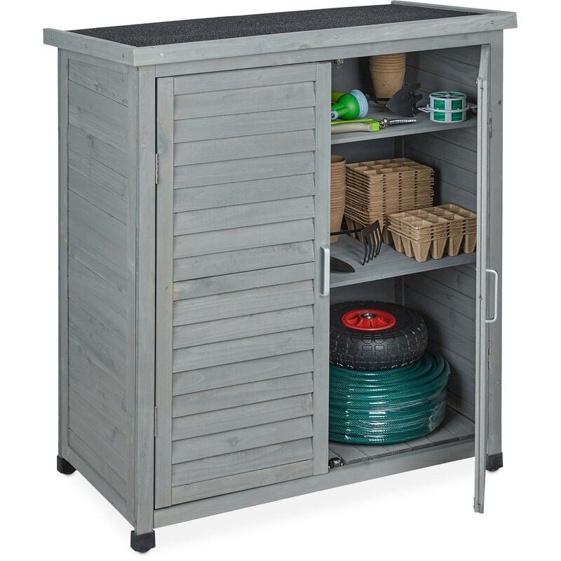 Armoire de jardin, 3 étagères, toit plat incliné, double porte, hlp : 97x86,5x47 cm, remise outils, bois, gris - Relaxdays