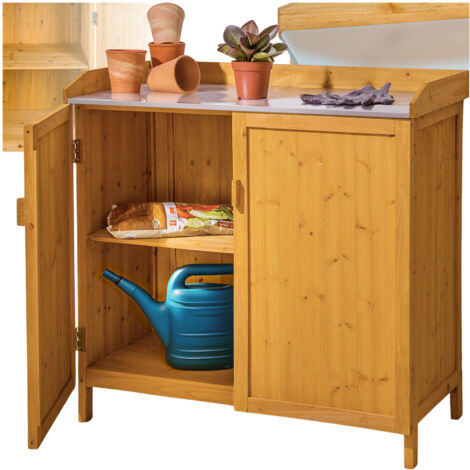 Tectake – Armoire de jardin basse en bois de pin imprégné – Plateau en tôle galvanisée pour rempotage – Dimensions 98x48x95 cm – Poids 17 kg