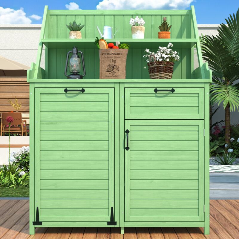 Armoire de jardin en bois 100x45x154 cm, avec étagères, étagères ouvertes, plans de travail, tiroirs et grand plan de travail, abri de jardin - Vert