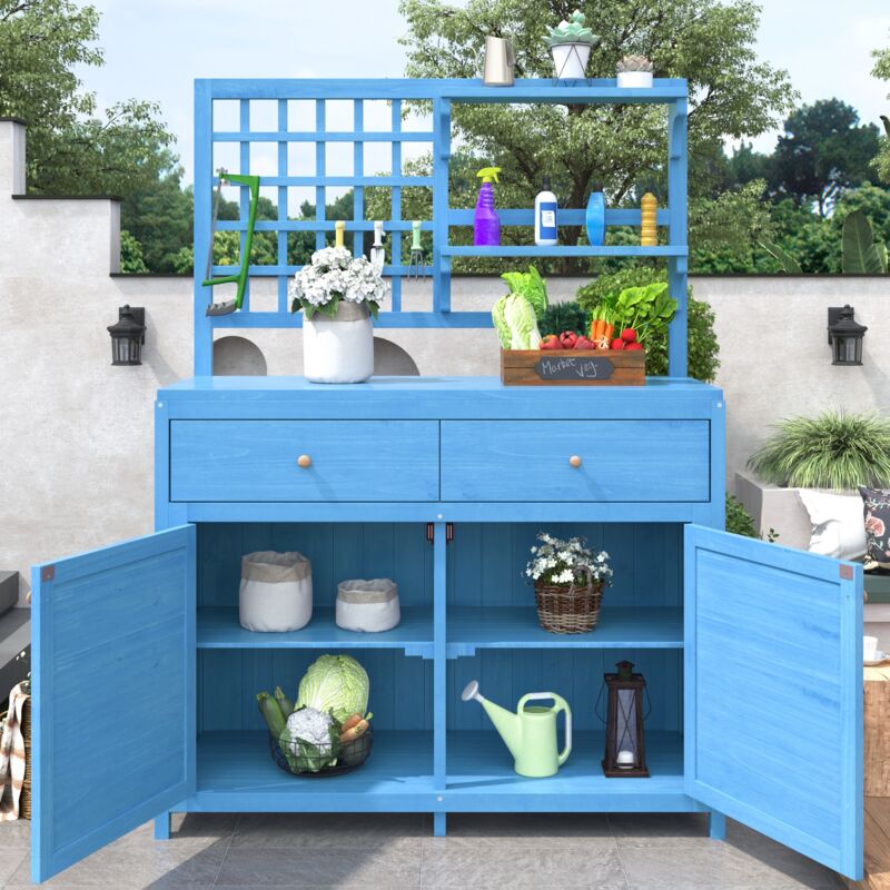 Armoire de jardin en bois 105x44x141,5 cm, avec 2 tiroirs, 4 cloisons, 2 portes, étagères, plan de travail ouvert, meuble de balcon de jardin - Bleu