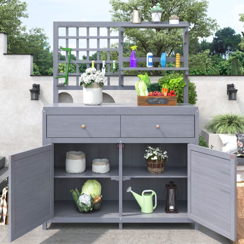 Armoire de jardin en bois 105x44x141,5 cm, avec 2 tiroirs, 4 cloisons, 2 portes, étagères, plan de travail ouvert, meuble de balcon de jardin - Gris