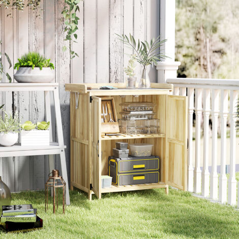Armoire de jardin en bois abri de jardin avec 2 portes. toit à charnières et étagère. 74 x 43 x 88 cm. bois naturel