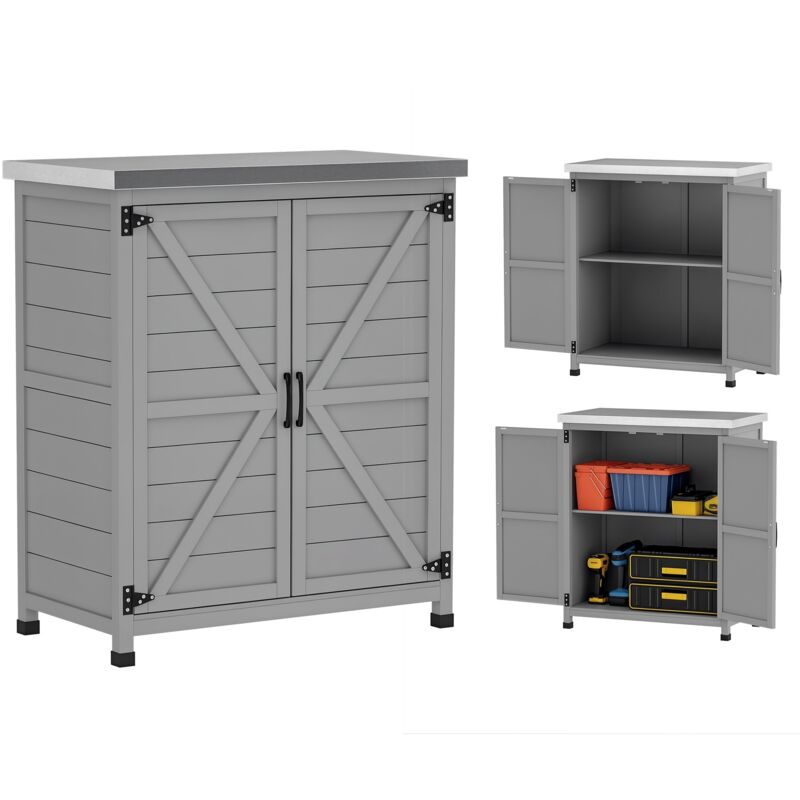 Armoire de jardin en Bois Extérieur - Outsunny - avec Plan de Travail en acier galvanisé - étagère - Double Porte - gris