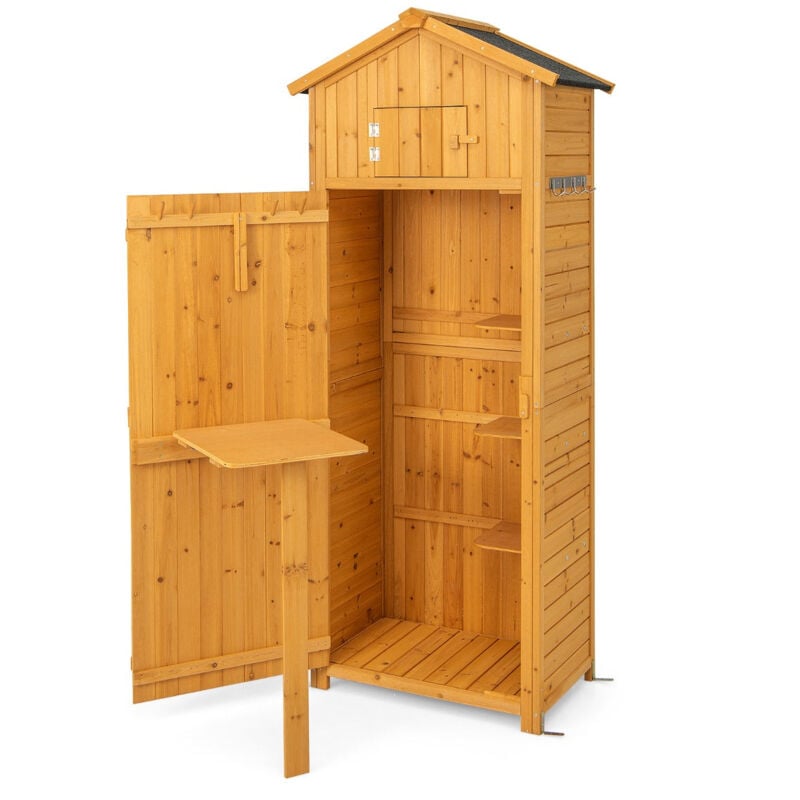 Armoire de jardin en bois imperméable avec toit abri de jardin avec table pliable étagères et 8 crochets 75 x 50 x 180,5 cm