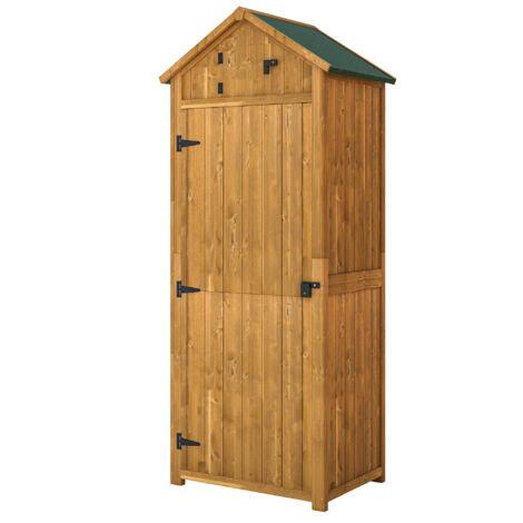 Armoire de jardin extérieur en bois jaune 77x54x179 cm, abri de rangement pour outils avec 3 étagères, 2 portes à loquets, toit en pente bitumé, pour terrasse