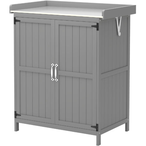 Armoire de jardin extérieur, rangement outillage avec plan de travail, bois et acier inoxydable, double portes, gris