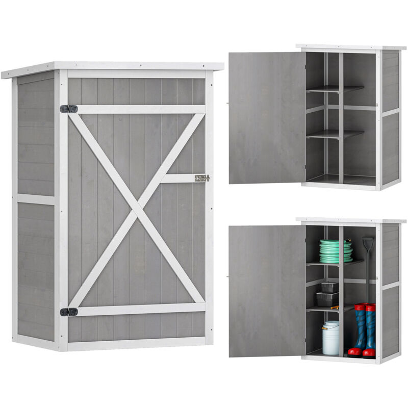 Armoire abri de jardin remise pour outils - grande porte verrouillable loquet - 2 étagères - toit bitumé incliné bois de sapin blanc gris