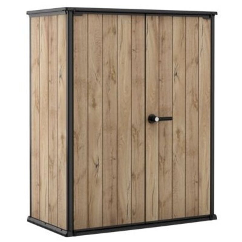 Keter – Armoire de jardin 1400L – Résine haute qualité – Dimensions 140x74x170 cm – Aspect bois – 2 étagères pour rangement optimisé