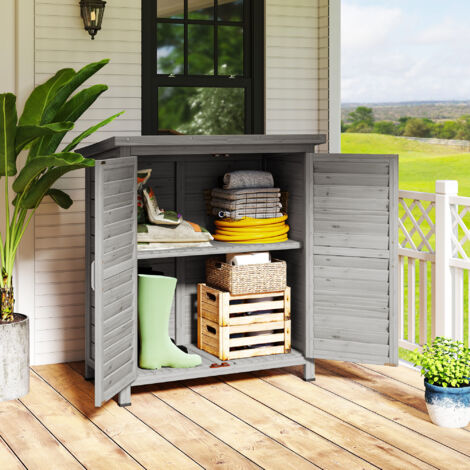 Armoire de jardin remise pour outils sur pied étagère portes persiennes toit bitumé bois sapin 87L x 46,5l x 96,5H cm gris