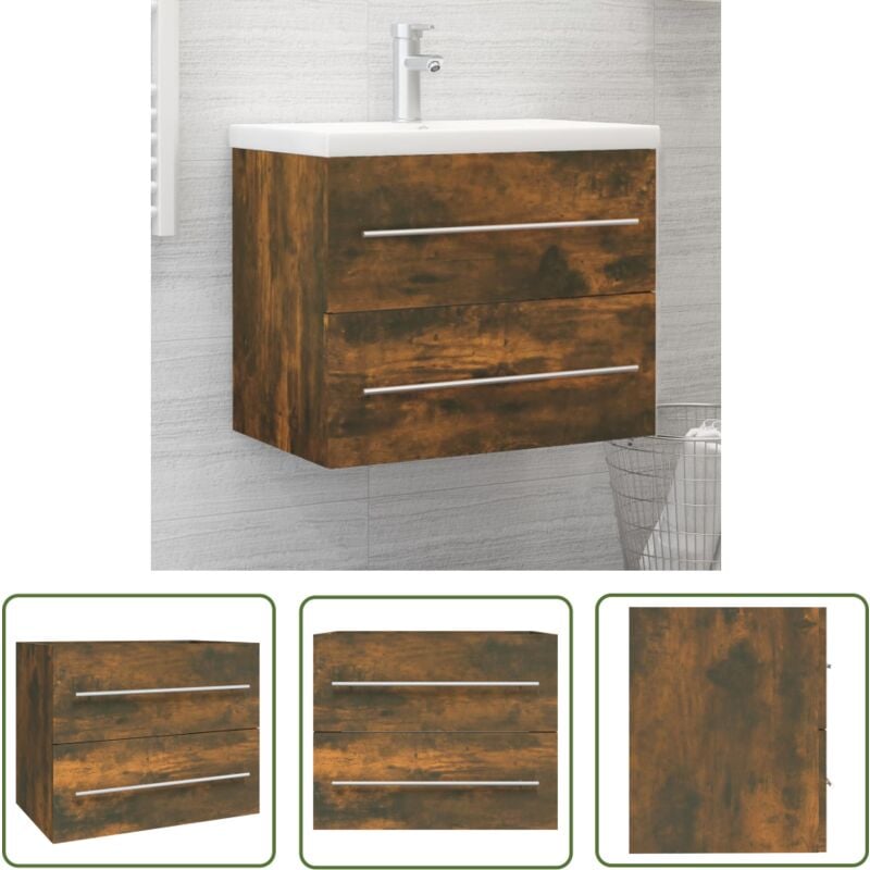 The Living Store Armoire de lavabo Chêne fumé 60x38,5x48 cm Bois d'ingénierie - Meuble De Salle De Bain - Armoire De Lavabo - Rangement Salle De Bain