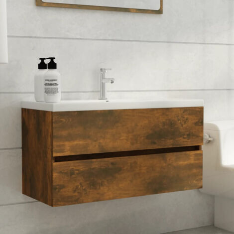 Armoire de lavabo Meuble de salle de bain Chêne fumé 90x38,5x45 cm Bois d'ingénierie 39739