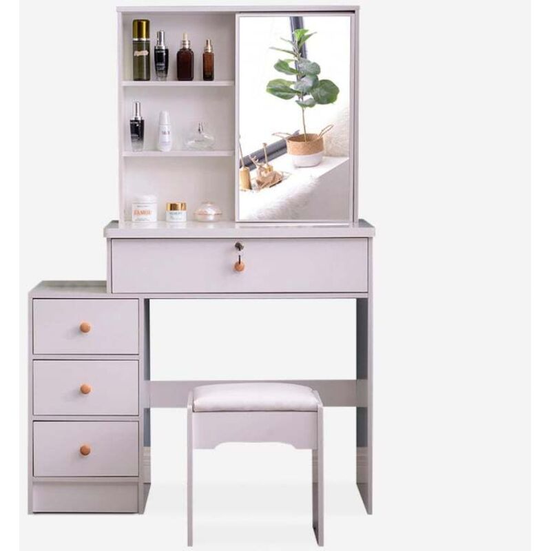 Coiffeuse et table de maquillage avec miroir coulissant et tabouret Abby