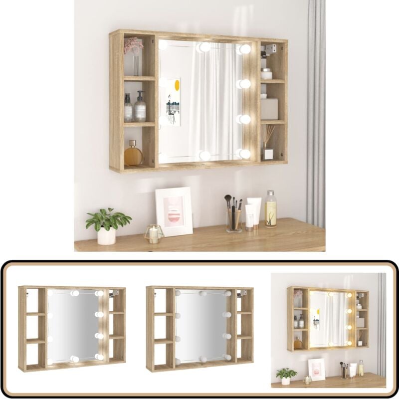 Armoire de miroir avec LED Chêne sonoma 76x15x55 cm - Armoire De Miroir - Meuble De Rangement - Armoire À Maquillage - Éclairage Led - Miroir Lumineux