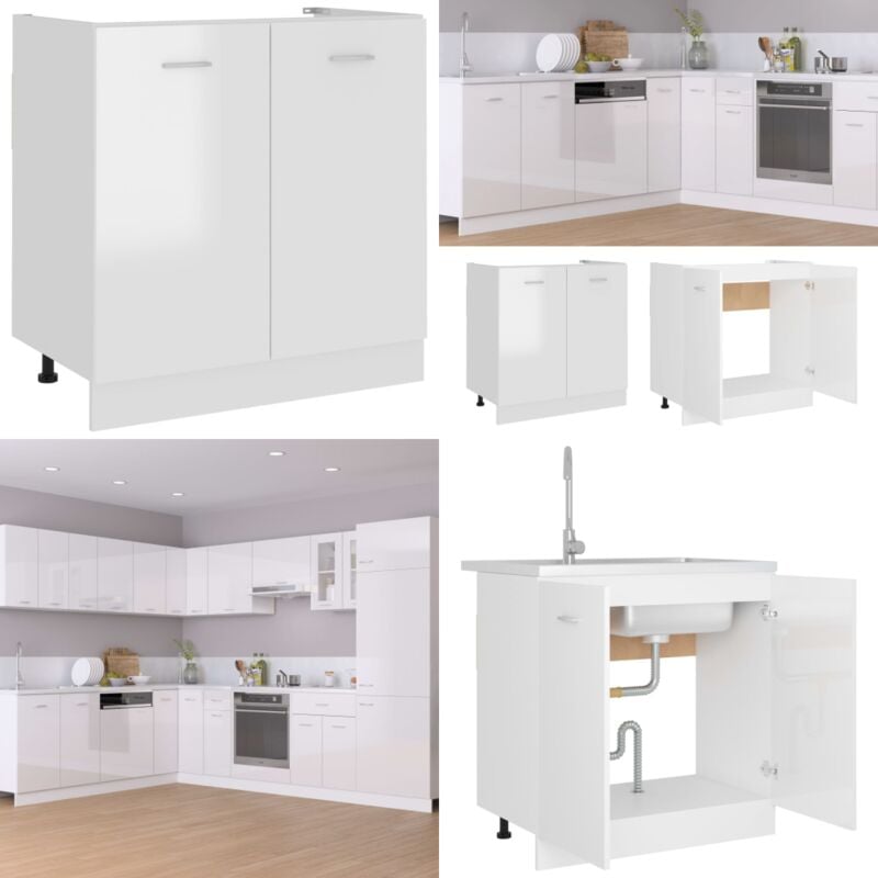 Armoire de plancher d'évier Blanc brillant Bois d'ingénierie - Meuble De Cuisine - Armoire De Cuisine - Rangements Cuisine - Meuble Blanc - Armoire