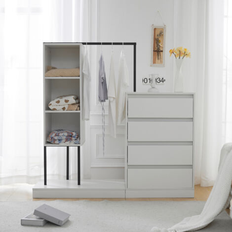 Armoire de rangement - 140x40x135cm - ensemble d'armoire avec commode à tiroirs, tringle à vêtements - blanc