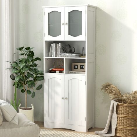 Armoire de Rangement 148,5 cm Haut Portes Verre Givré Étagères Salle de Bain Cuisine Salon Blanc