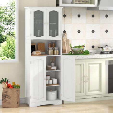 Armoire de Rangement 164 cm Haut Portes Verre Givré Étagères Salle de Bain Cuisine Salon Blanc