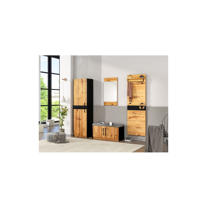 AGI - Armoire de Rangement 190x50x37 cm en brun Penderie Garde-Robe Avec Miroir, siège et 4 crochets, poteaux