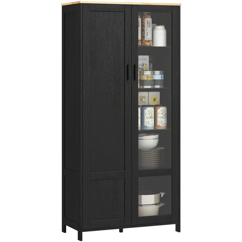 Armoire de rangement - 2 portes - 7 étagères - dim. 76L x 36l x 160H cm - noir aspect chêne clair verre