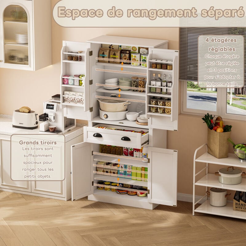 Redom - Armoire de rangement, 4 portes et 1 tiroir, 2 portes avec étagères, 6 compartiments de rangement et 4 étagères réglables, blanc