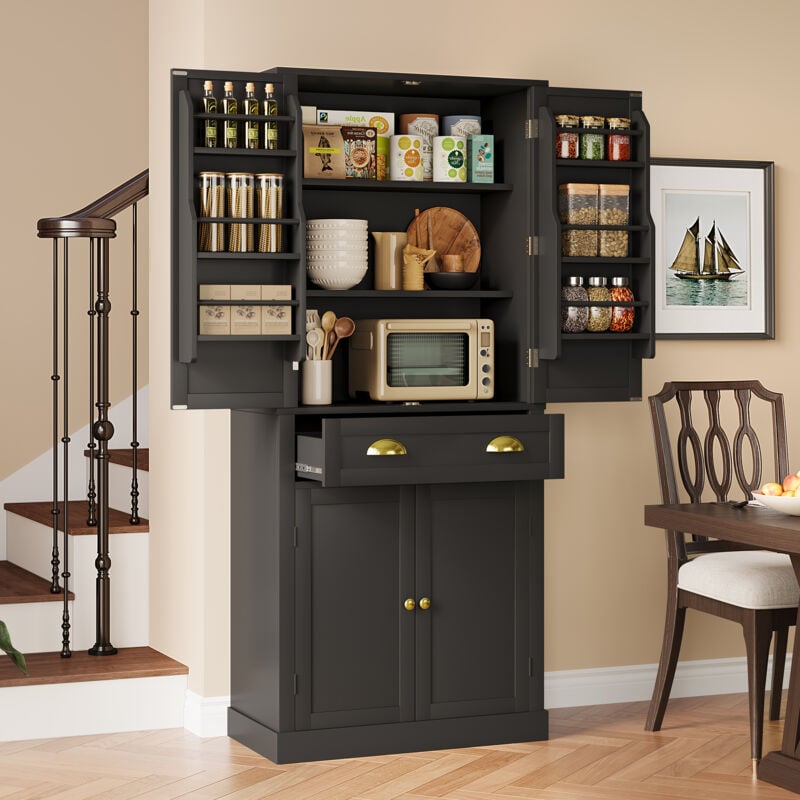 Redom - Armoire de rangement, 4 portes et 1 tiroir, 2 portes avec étagères, 6 compartiments de rangement et 4 étagères réglables, noir