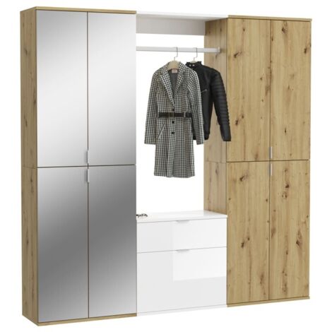Armoire de rangement 8 portes, 4 miroirs, 2 tiroirs et une penderie – Blanc et chêne – BODITE