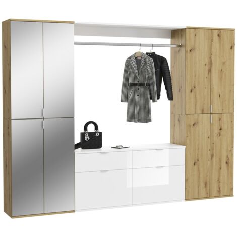 Armoire de rangement 8 portes, 4 miroirs, 4 tiroirs et une penderie – Blanc et chêne – BODITE