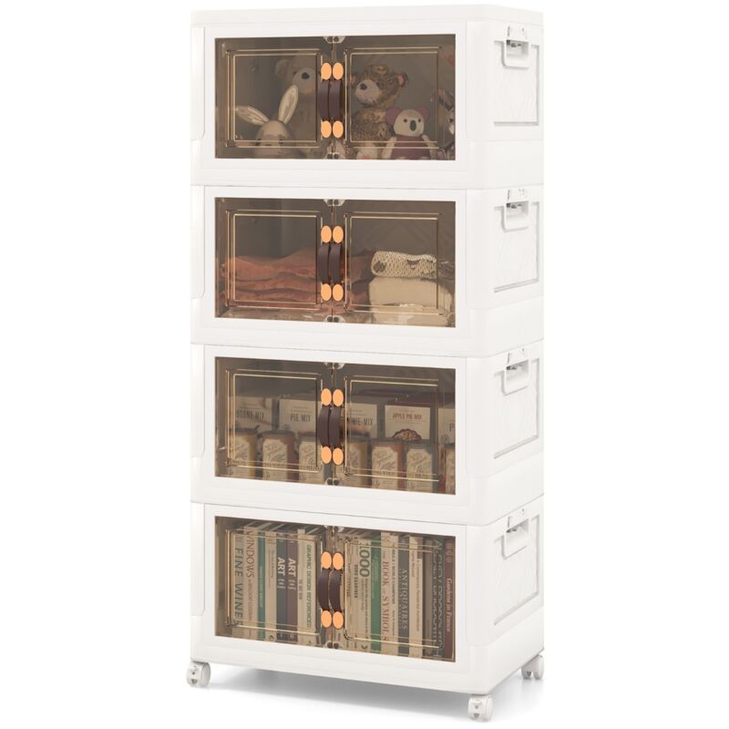 Armoire de Rangement à 4 Bacs Pliables et Empilables Roues Verrouillables Boîtes de Rangement Empilables pour Salon Chambre Placard Blanc DESIGN IN