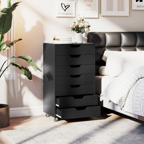 Armoire de Rangement à 7 Tiroirs Organisateur de Fichiers Mobile avec 4 Roulettes Universelles Commode Verticale sur Roues Noir
