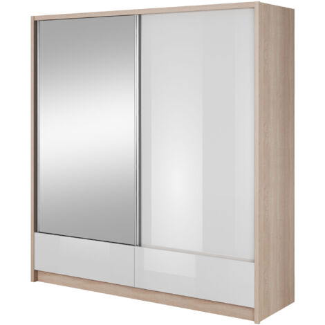 Armoire de rangement ARIA I 204 cm avec 2 Portes Coulissantes, Tiroirs Chêne Sonoma / Blanc Brillant