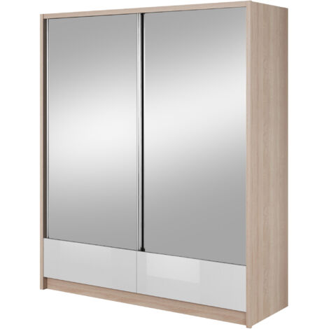 Armoire de rangement ARIA II 184 cm 2 Portes Coulissantes Miroir Chêne Sonoma / Blanc Brillant