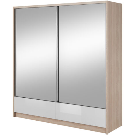 Armoire de rangement ARIA II 204 cm 2 Portes Coulissantes Miroir Chêne Sonoma / Blanc Brillant