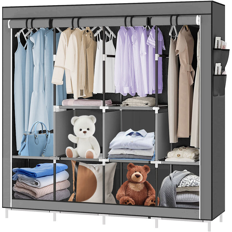Skecten - Armoire de Rangement Armoire en Tissu Intissé Penderie pour Vêtement Fermeture à Glissière 4 Barres pour Chambre Gris