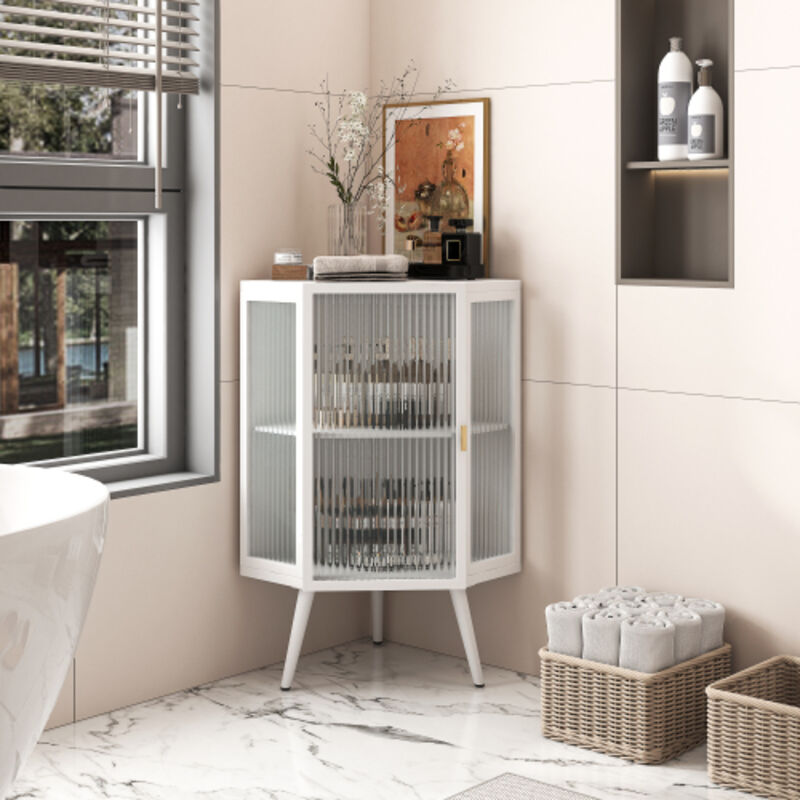 Okwish - Armoire de rangement au sol avec porte en verre trempé et étagère réglable pour salle de bain, salon, chambre (blanc)