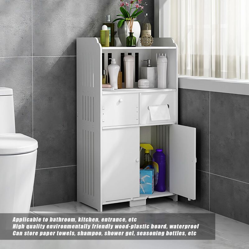 Armoire de rangement au sol de salle de bain, support de rangement de cuisine autoportant, support de rangement de salle de bain à double porte, blanc