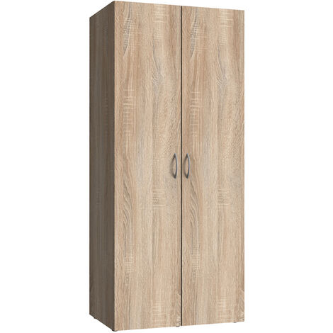 Armoire de rangement avec 2 portes en bois mélamine coloris imitation chêne - longueur 80 x hauteur 185 x profondeur 54 cm