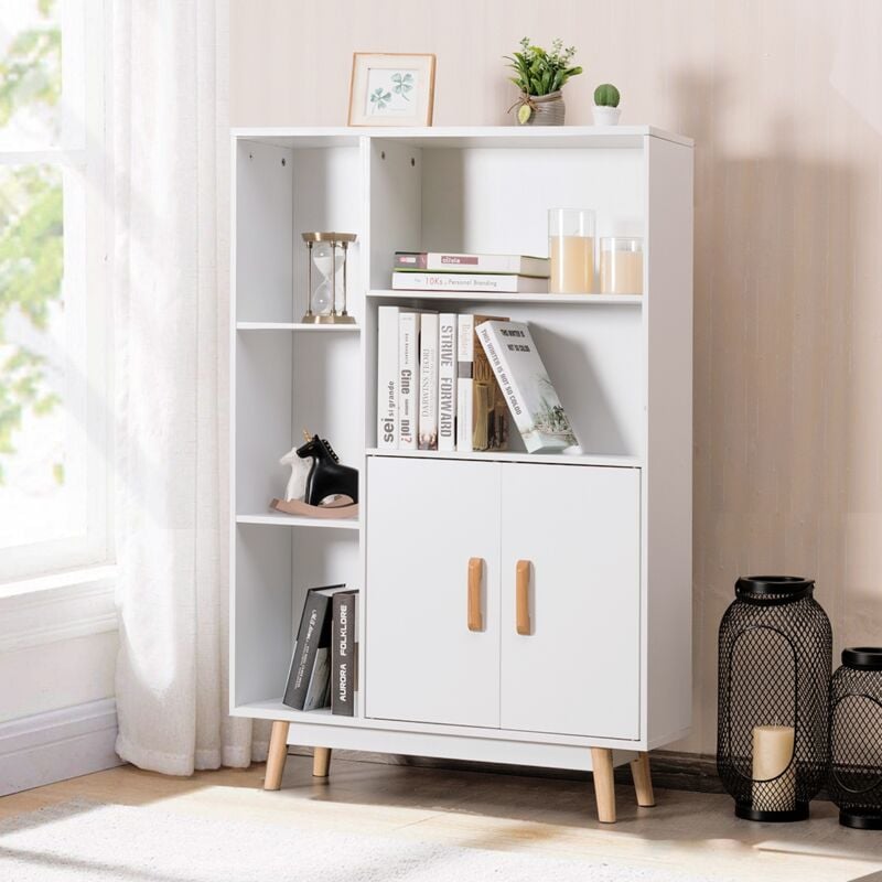 Armoire de Rangement Bibliothèque Scandinave 5 Étagères 1 Porte MDF Bois 80x24x119cm Blanc CW47439
