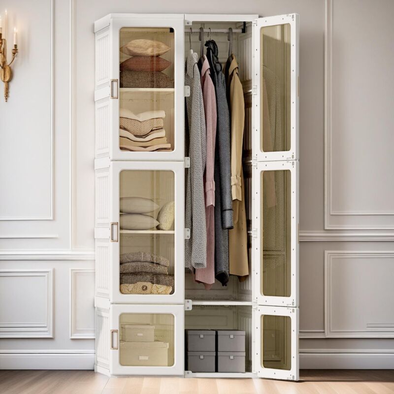 Armoire avce 10 compartiments 6 portes 1 suspension - Pliable Penderie à portes transparentes , Meuble de Rangement Armoire à Vêtements,