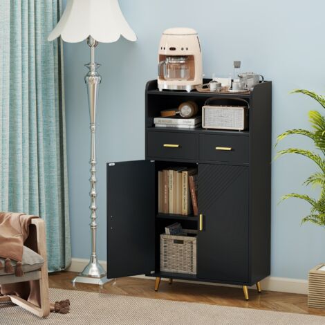 Armoire de Rangement de Cuisine 113 CM Armoire de Garde-Manger avec Portes 2 Tiroirs Étagère Réglable Buffet Moderne Noir