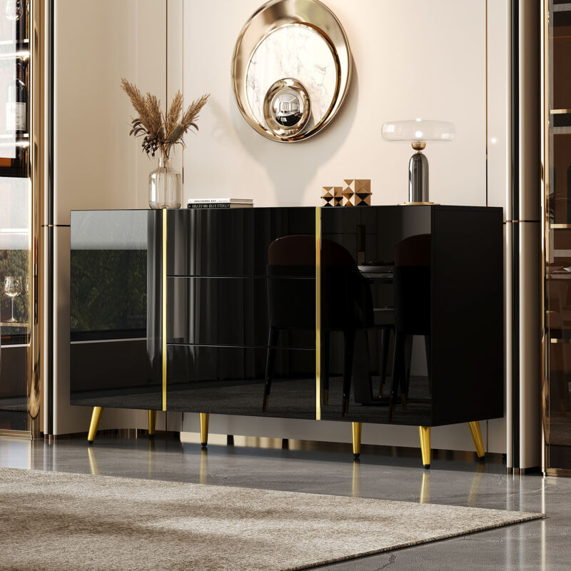 Armoire carrée noire brillante, meuble de rangement avec 2 portes et 3 tiroirs, 140x40x76 cm