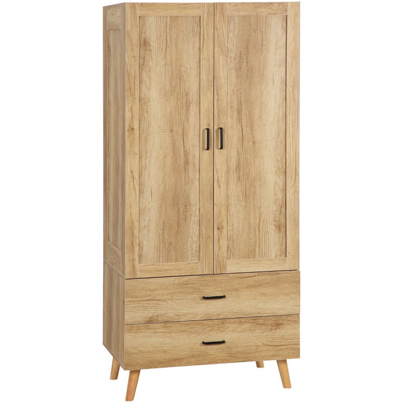 Homcom - Armoire de rangement design scandinave - armoire de chambre - placard 2 portes avec penderie - 2 tiroirs - aspect chêne clair